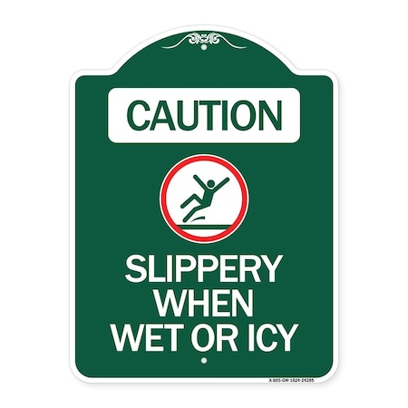 Signmission Caution-Slippery When Wet or Icy W/ Graphic, Green & White Aluminum Sign, 18" H, GW-1824-24285 A-DES-GW-1824-24285